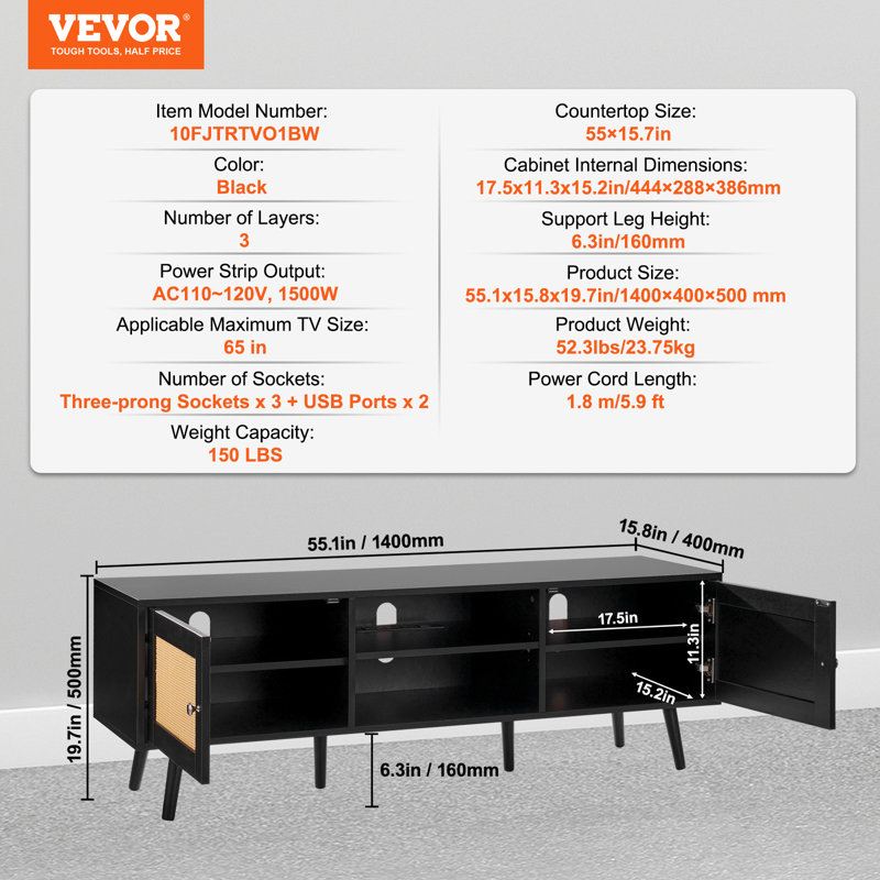 Black Rattan TV Stand with Cabinet for 65 inch TV