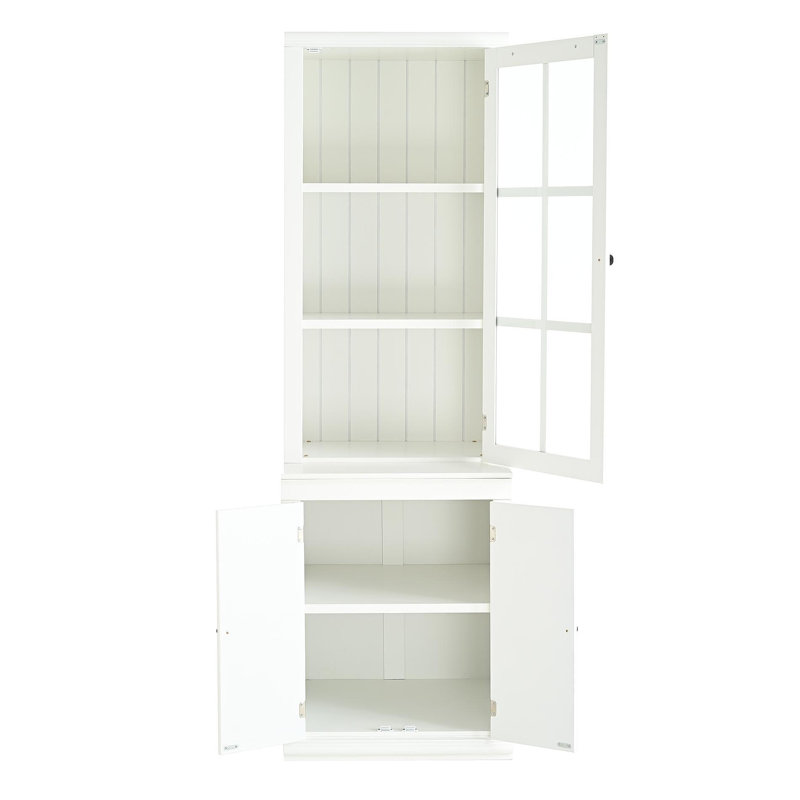 75.25'' Tall Freestanding Pantry Cabinet With Glass Door & Lattice Window, Farmhouse Display Cabinets With Storage, Hutch With Double-Action LH&RH Door, For Hallways, Livingroom Kitchen & Office,White