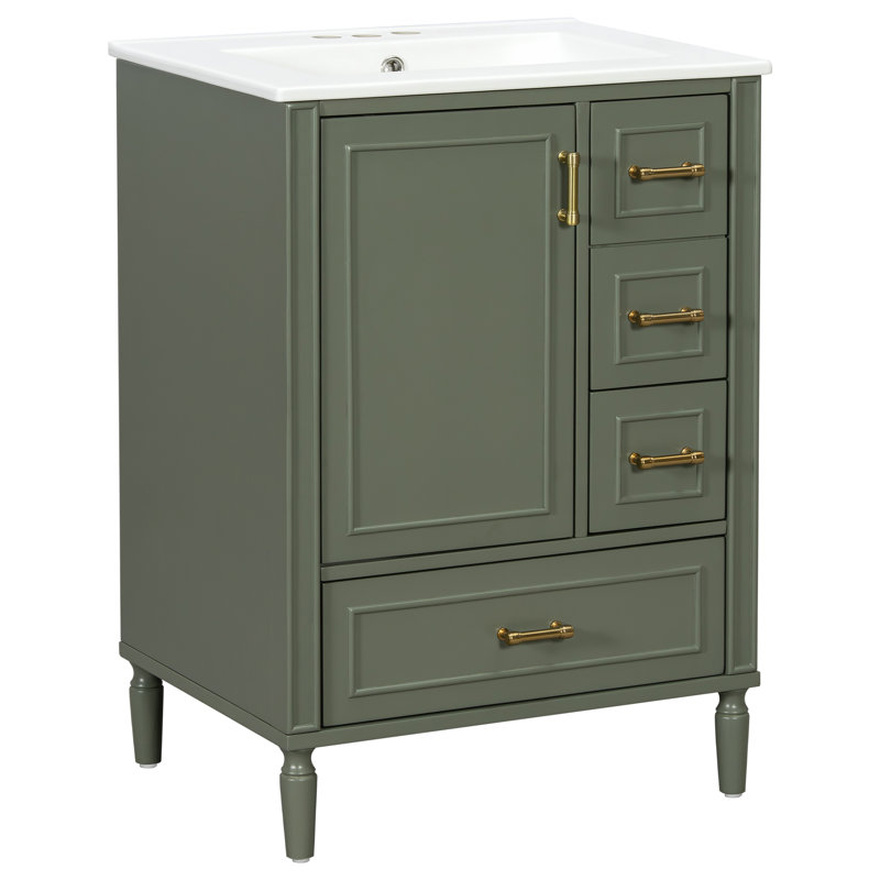 Meuble-lavabo moderne 24 po avec lavabo en céramique, porte à fermeture douce, 3 tiroirs et poignées dorées, Vert olive