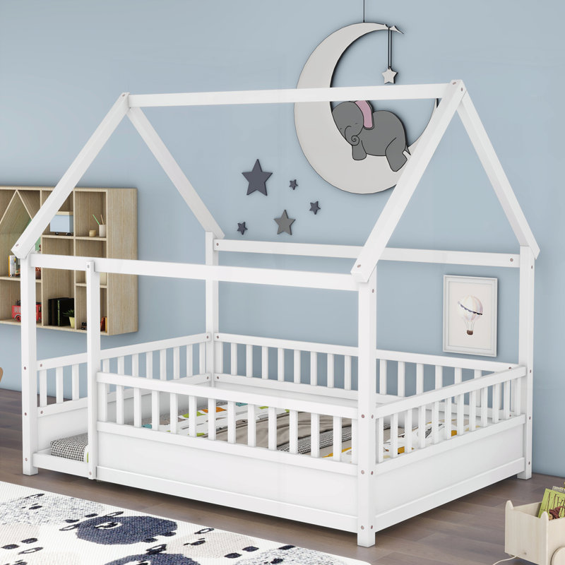 Lit de plancher en bois avec cadre de toit de maison, Lit double, Blanc