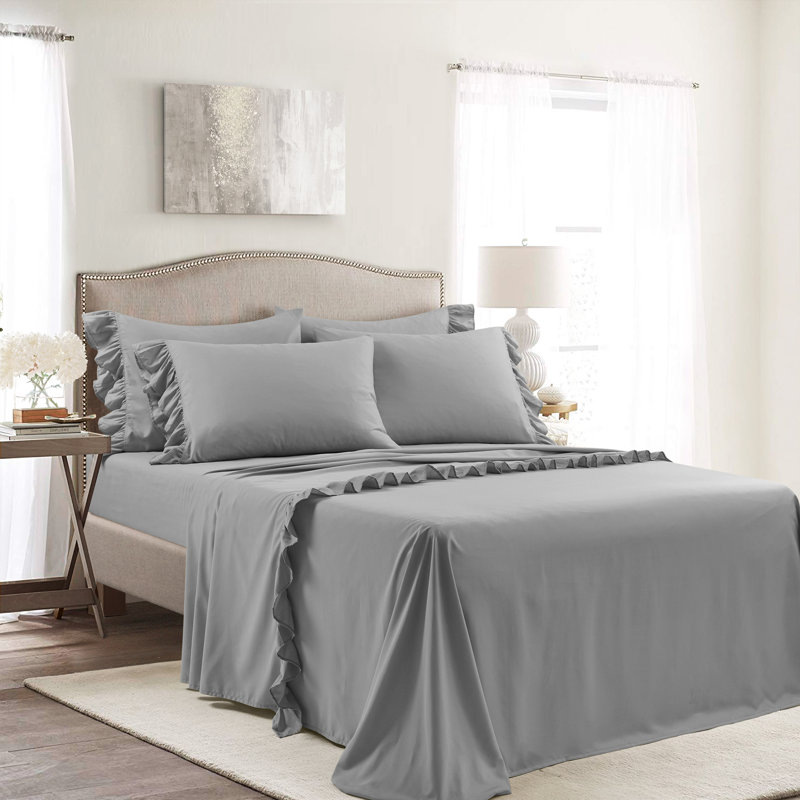Reyna Ruffle Microfiber Sheet Set, Full Sheet Set with Fitted Sheet and 4 Pillowcases, Dark Gray