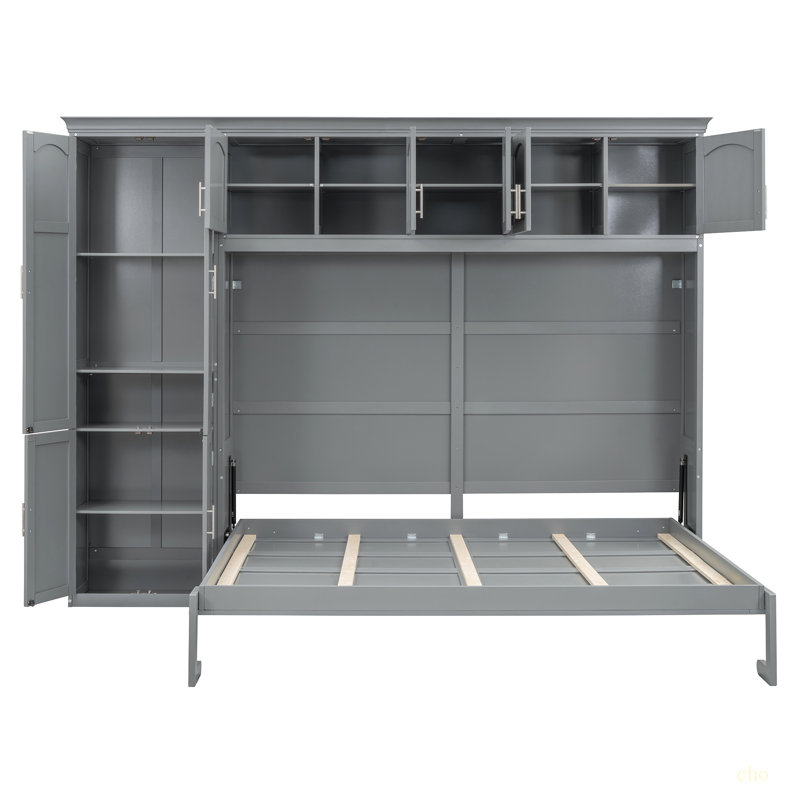 Grand lit escamotable mural avec armoires, gris
