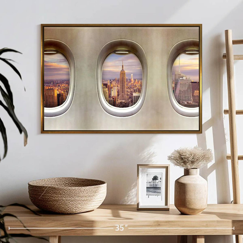 Fenêtres rétro pour avion, Cadre flottant doré, 25 po x 17 po