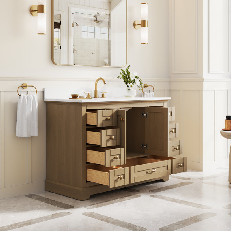 Freestanding Bathroom Vanity With Cultured Marble Countertop And Sink, 48'', Gold, Oak