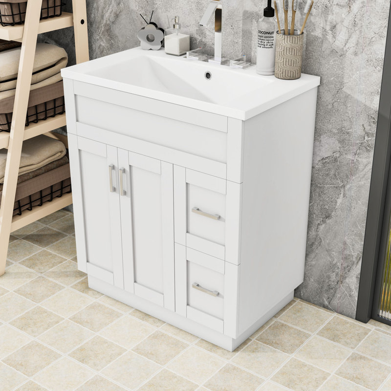 Meuble-lavabo de salle de bain avec lavabo en résine, portes à fermeture douce, tablette réglable et 2 tiroirs de rangement