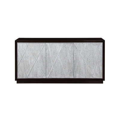 Modern Silver & Walnut Console Cabinet With Geometric Pattern Front And Middle Shelf In Metallic Storage