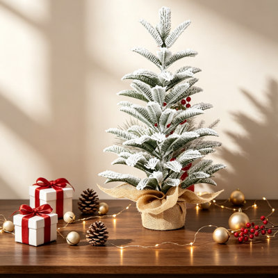 Arbre de Noël de table en flocage 50CM Mini arbre enneigé en PE avec 85 pointes Base de toile de jute Ciment petit décor de vacances d'hiver pour bureau à domicile