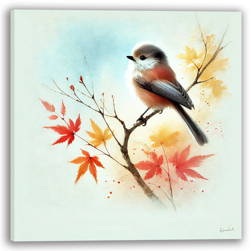 «Whimsical Bird with Autumn Leaves», art mural sur toile tendue, H 30 po x l 30 po x P 1,5 po