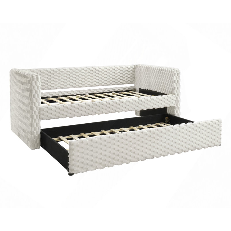 Beautiful 1Pc Modern Daybed Armrest Pull Out Trundle Bedroom Living Room Furniture Textured Finish Furniture, Antique White