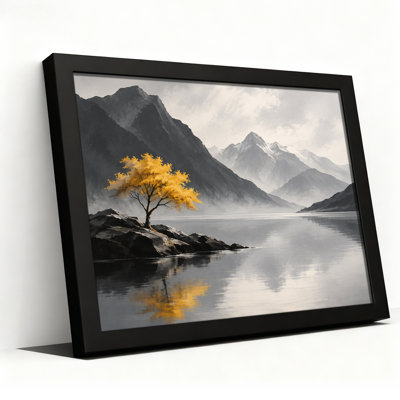 Art sur toile, arbre jaune sur un affleurement rocheux avec montagnes enneigées
