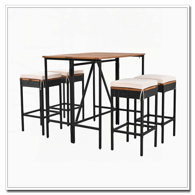 Ensemble repas 5 pièces à hauteur de bar pliable avec coussins et tabourets