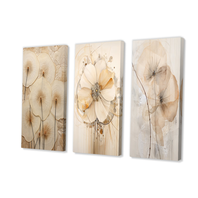 «Luxurious Beige Morning Glory Flower», ensemble de 3 reproductions d'art mural, Toile tendue, H 28 po x l 36 po