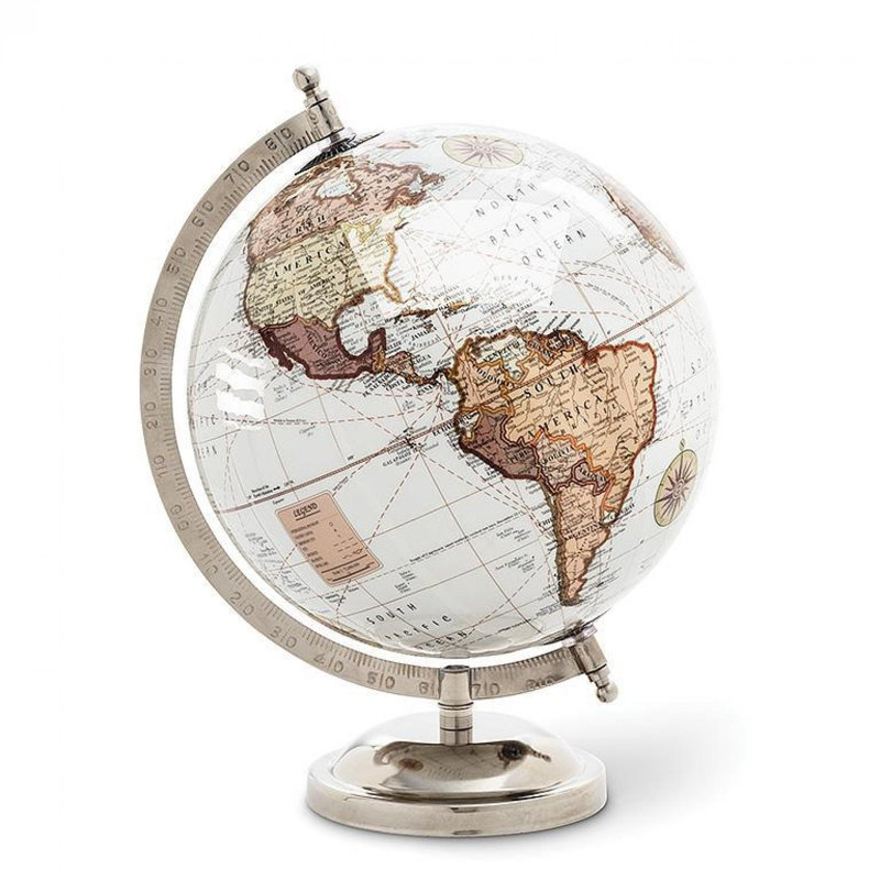 Globe terrestre brillant sur pied, Blanc / argent / or