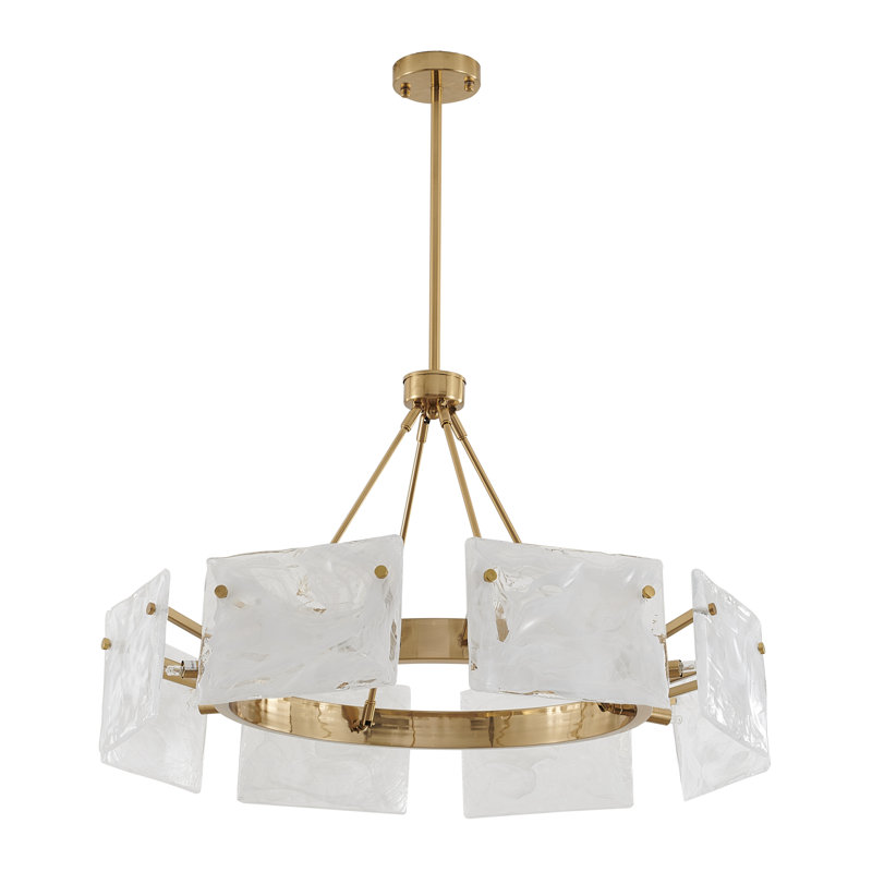 8-Light Gold Chandelier With White Stained Glass Shades