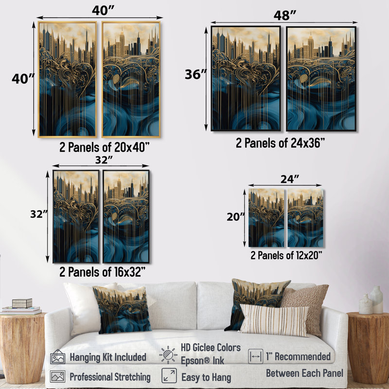Or et bleu, élégance urbaine I - art urbain déco urbain, 36'' H x 48'' W, Impression encadrée flottante, Gold