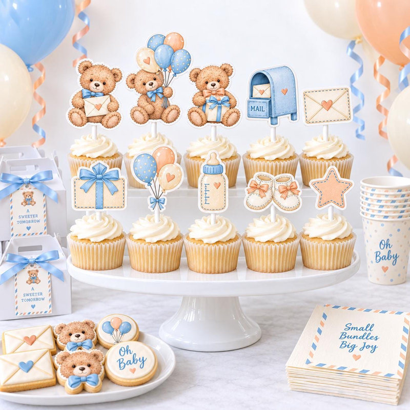 Décorations pour cupcakes de fête prénatale sur le thème des ours en peluche, boîte aux lettres abricot bleu, ballons, bouteille, pantoufles (lot de 10)