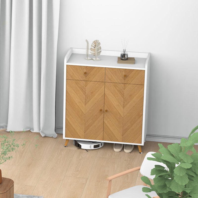 Shoe Cabinet, 4-Tier Shoe Rack Organizer With 2 Drawer, Herringbone Wooden Freestanding Shoe Storage Cabinet With 2 Door & Adjustable Shelves For Entryway Hallway (White+Natural)