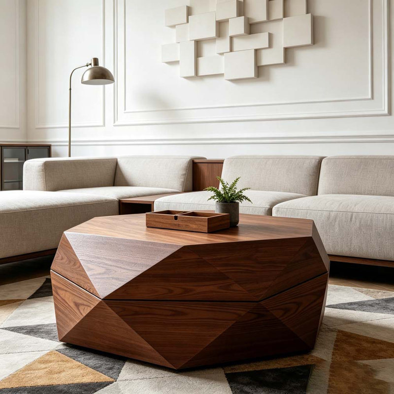 Table basse 36,61 po style rétro Polygon, table basse cylindrique en placage de bois massif, Brun-roux