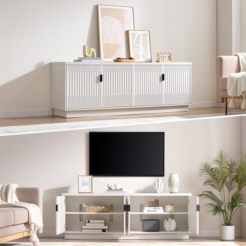  68" Reeded Door TV Stand for TVs up to 78", Modern Media Console with Adjustable Shelves and Cable Management, White Wood