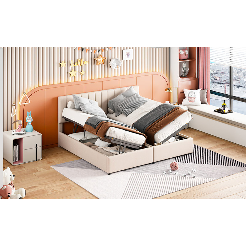 Beige Upholstered King Size Bed With Versatile Storage Space Generous Capacity