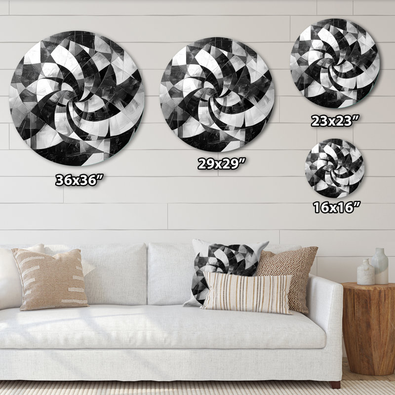 Symétrie brisée du cubisme monochrome I - art mural rond en métal abstrait cubisme, H 23 po x l 23 po