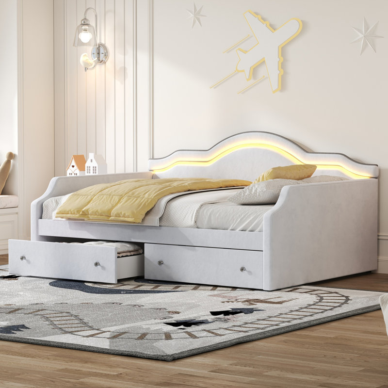 Lit de jour rembourré beige avec éclairage DEL et 2 tiroirs - fonctionnel et élégant, Beige, Lit double