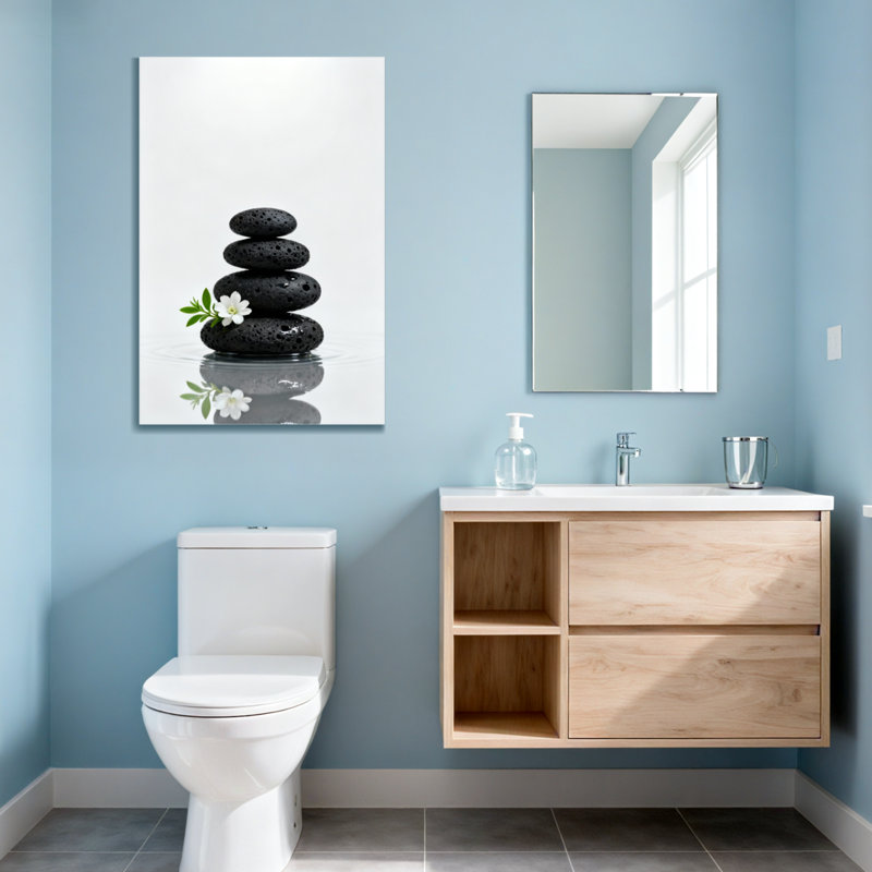Bain et lessive pierres noires empilées avec reflet de fleurs blanches, H 24 po x l 16 po