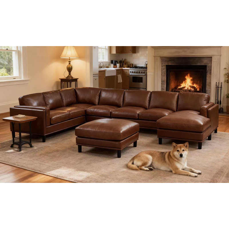 Canapé modulaire en cuir avec repose-pieds Agatina, Brun