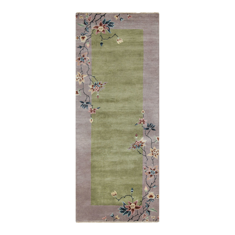 Rug & Kilim’S Chinese Art Deco Runner Rug In Green With Colorful Floral Patterns, Rectangle 9' x 12'