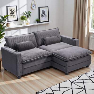 Corduroy Modular Sectional Sofa for Small Spaces - 81.49" Oversized 2-Seater Loveseat with Ottoman, Built-in Cup Holders & USB Ports, Plush Cloud Design, Orange - Modern Living Room Furniture