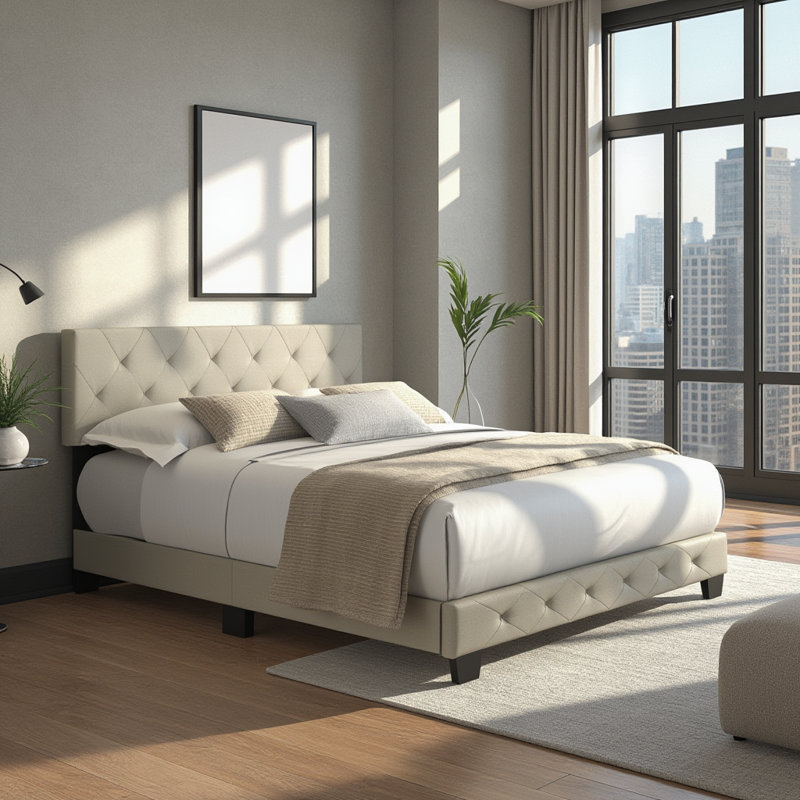 Full Blue Linen Upholstered Platform Bed with Tufted Headboard
