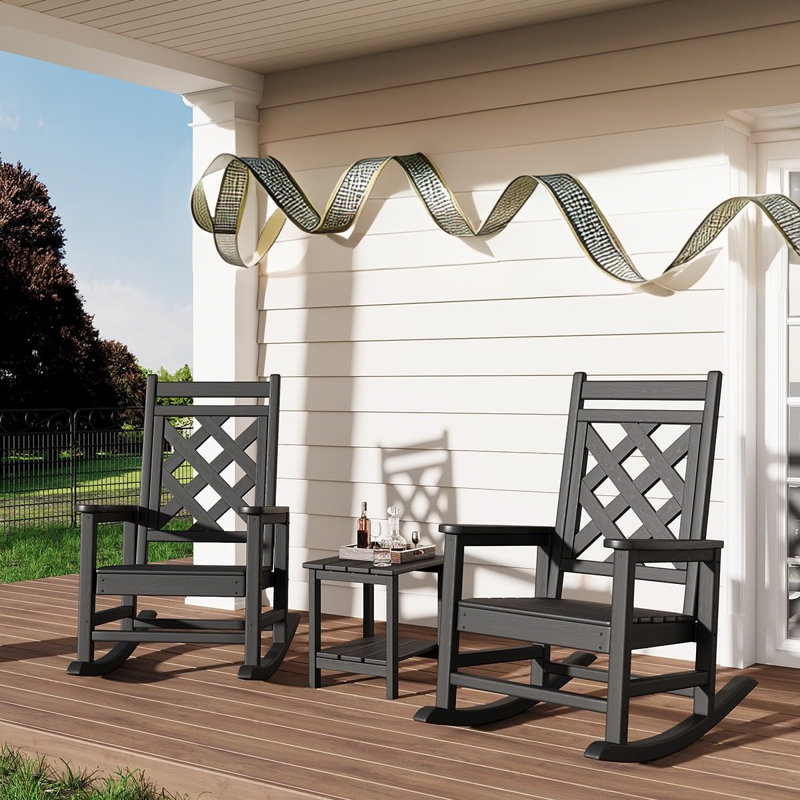 Oversized Rocking Chair Outdoor Set of 2 with Side Table,HDPE Adirondack Rocking Chair with Wood Texture - 380Lbs & Weather Resistant for Deck, Patio, Pool, Backyard