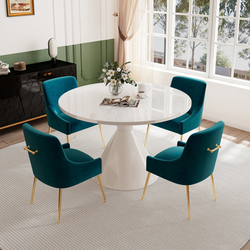 Magallanes 4 - Person Round Table Dining Set with Velvet Dining Chairs, Lake Green, White