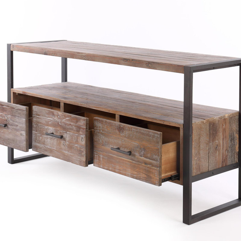 60 Inch Reclaimed Wood Media TV Console Table With 3 Drarwer, Open Shelf, Antique Finish