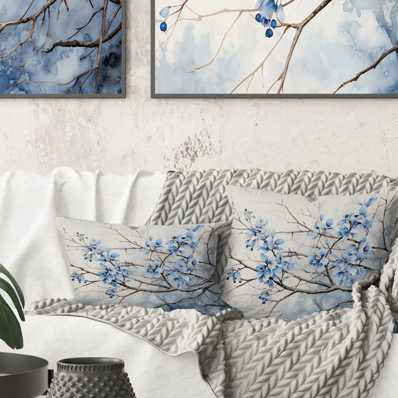 Feuilles bleues et grises sur une branche - feuilles imprimées  , Rectangle H 12 po x l 20 po
