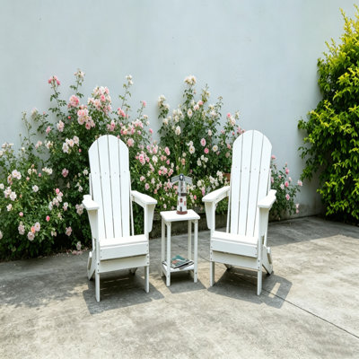 White 3-Piece Folding Adirondack Chair Set, 2 Chairs & 1 Side Table, HDPE All Weather Patio Chair with Cup Holder, Foldable for Easy Storage, Partial Simple Assembly