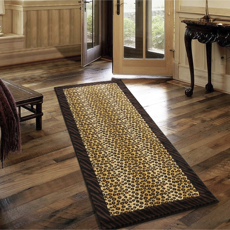 31 In. Wide Animal Print Runner Rug, 87 Long, Machine-Made Polypropylene, Mountain Rustic Lodge Style, Soft And , Stain Wild