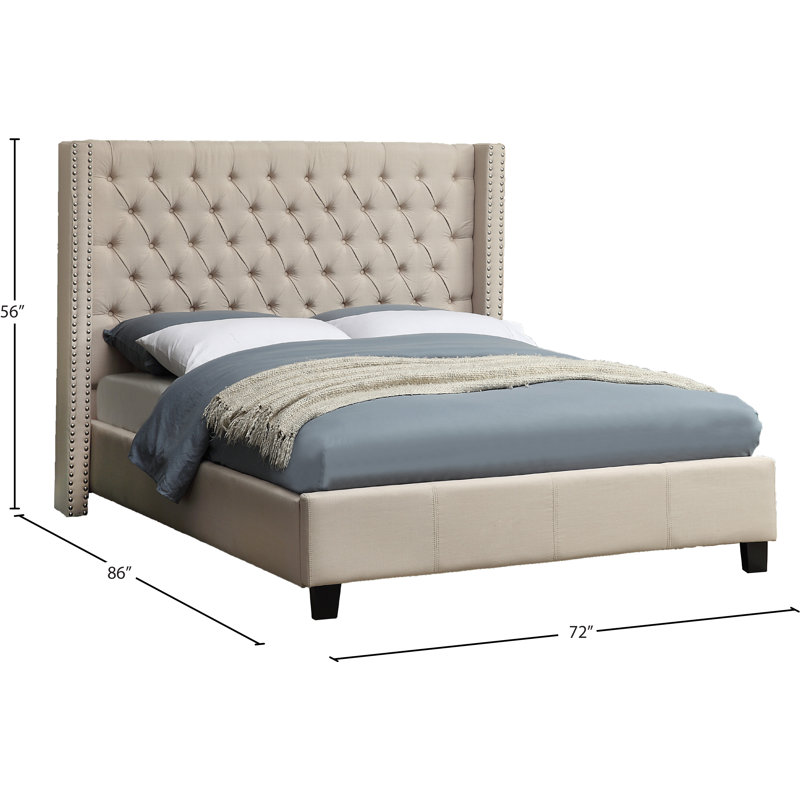Ashton Tufted Upholstered Low Profile Platform Bed, Beige Linen Textured Fabric, Queen