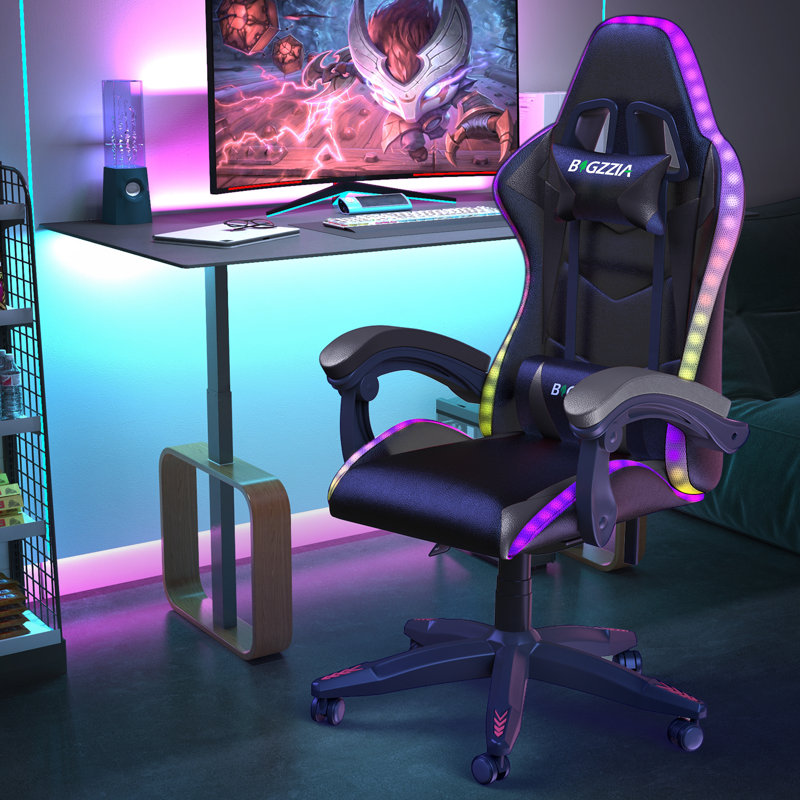 Reclining Gaming Chair with LED Lights and Headrest, Black