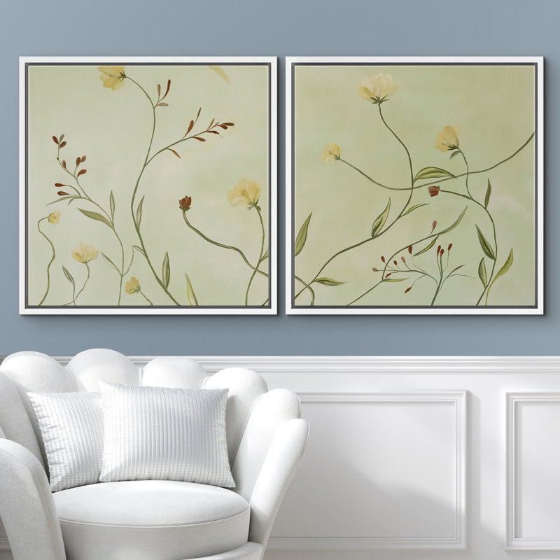 Doux vert botanique, ligne de vigne encadrée, œuvre d'art de la chambre principale, 2 pièces, Cadre flottant blanc