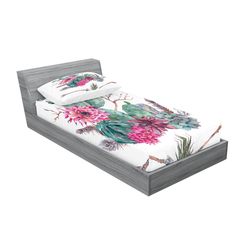 Ensemble de draps et taies décoratives Ambesonne Cactus, vert, rose, brun, Ensemble de draps pour lit simple + 1 drap-housse 