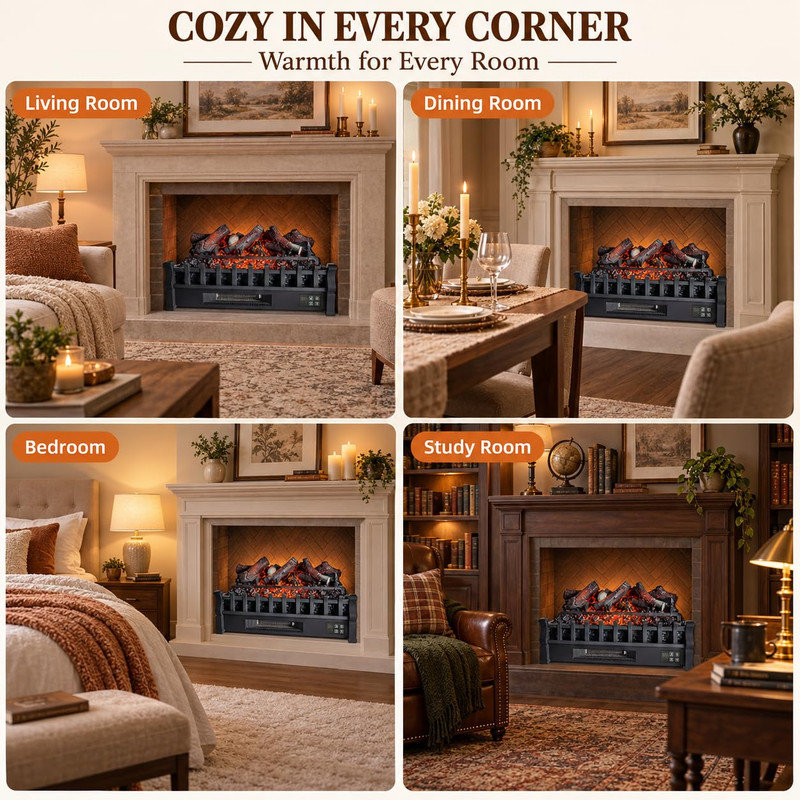 26" Electric Fireplace Log Insert, 1500W Heater with Remote and LED Flame