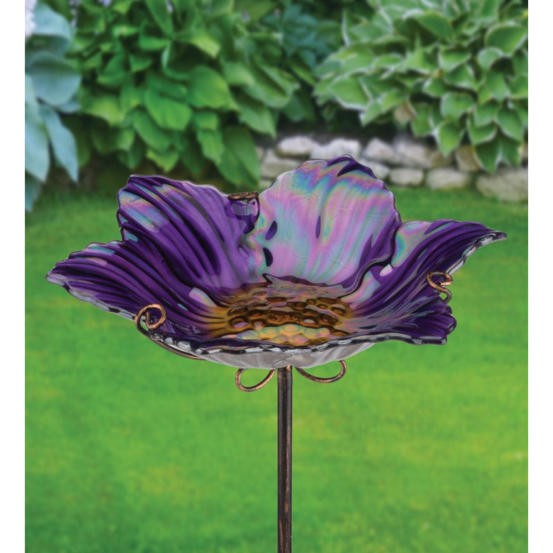 Purple Glass Flower Birdbath Feeder with Metal Stake