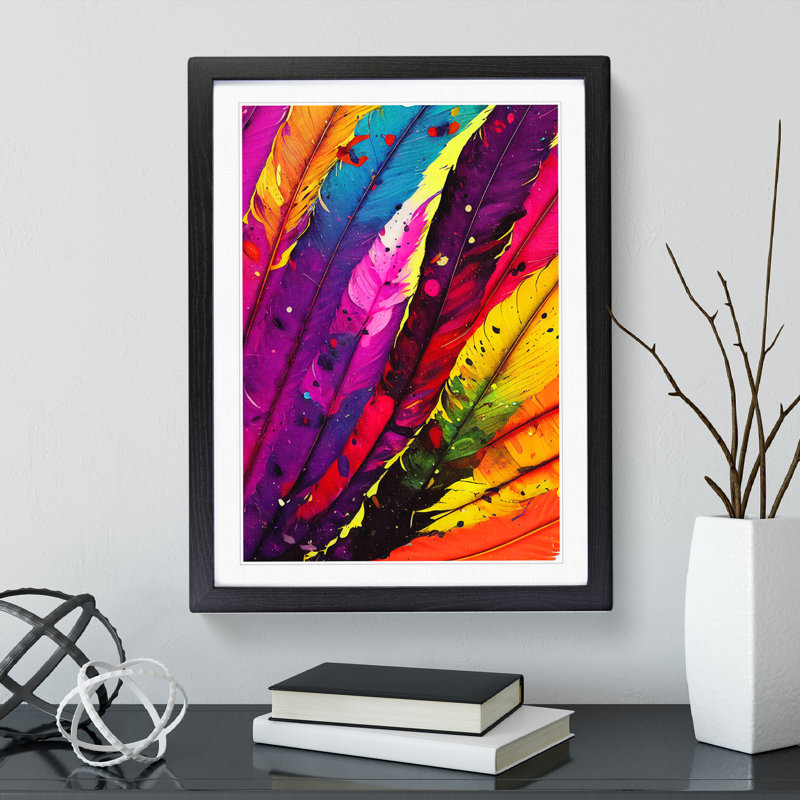 Painted Feathers No.4 - Single Picture Frame Painting, Black Framed, 64cm H x 46cm W x 2cm D