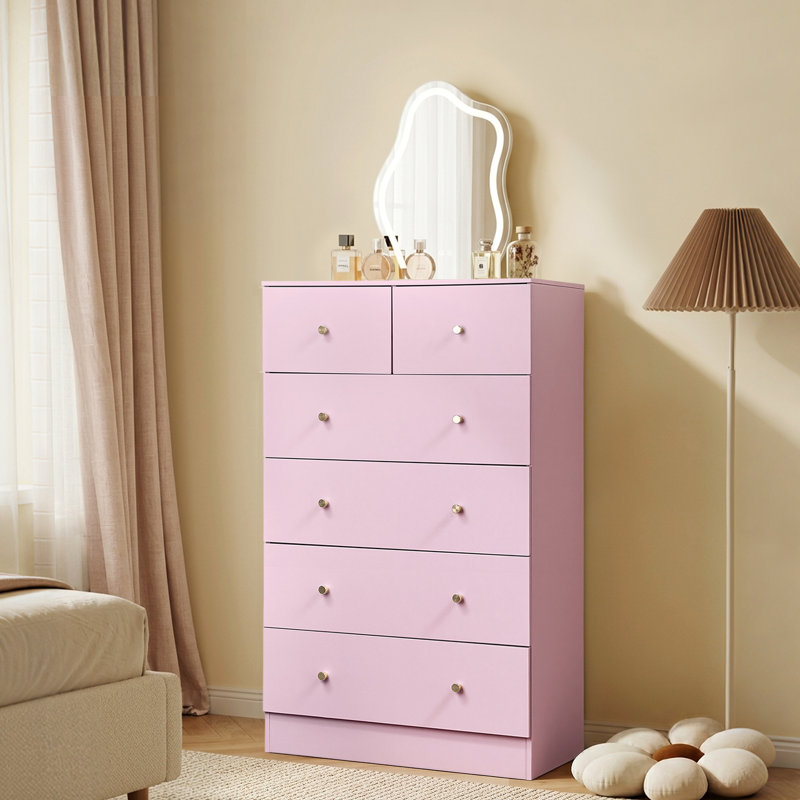 Grande armoire de rangement à 6 tiroirs avec rangement en bois robuste pour garde-robe, Rose