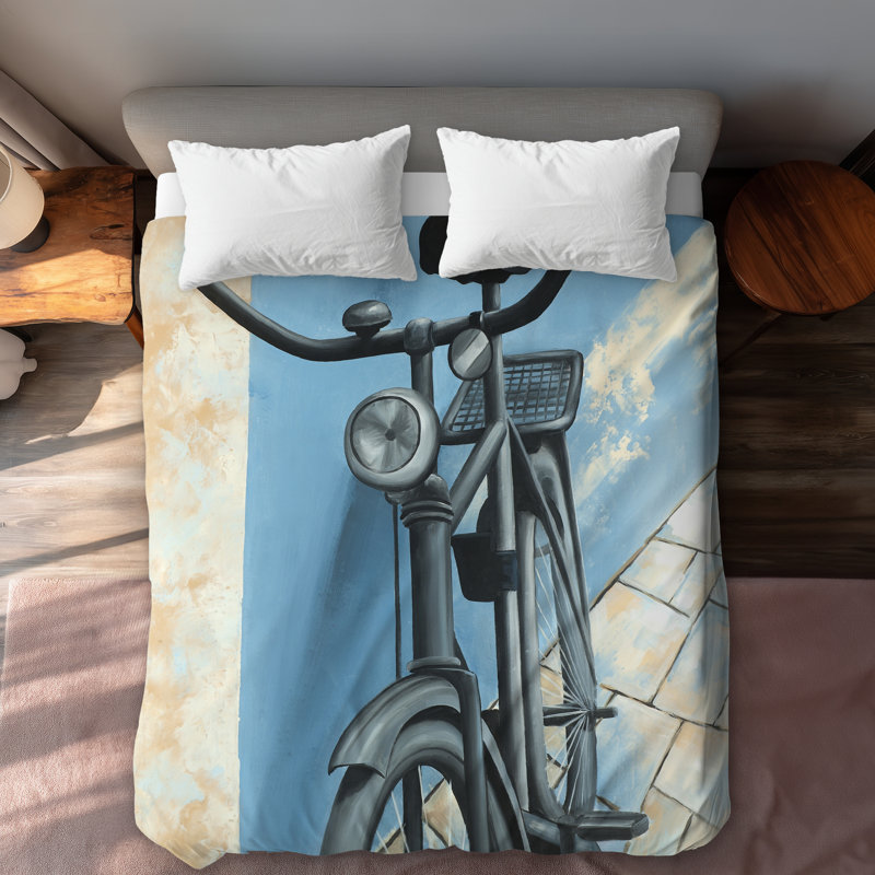 Blue Office Illustrative Queen Duvet Cover - Abandoned Bicycle