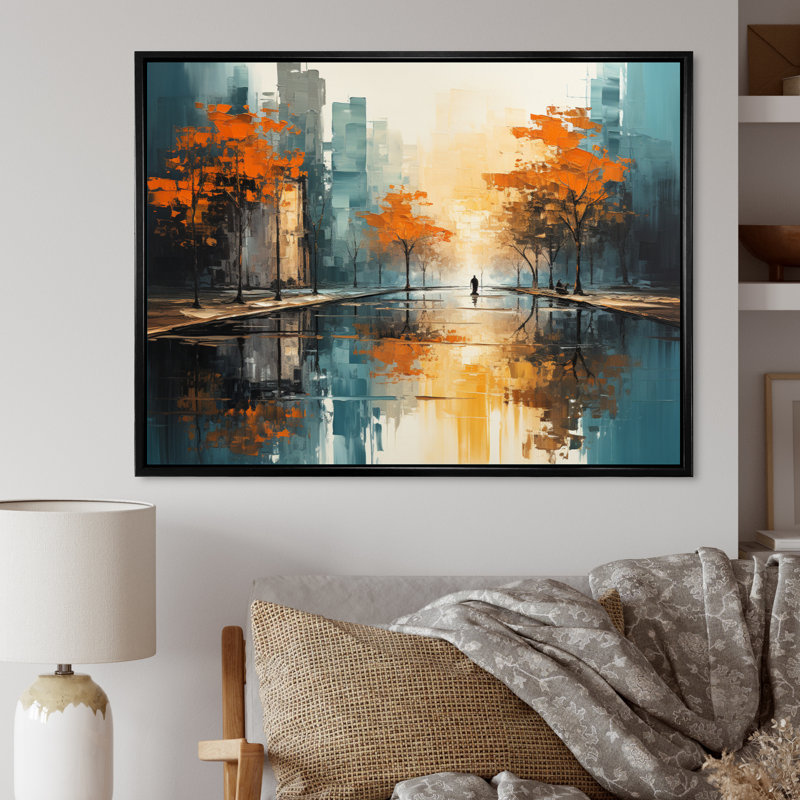 Orange Rivers Riverside Reflection I - Modern Canvas Wall Art, Cadre flottant noir, H 24 po x l 32 po x P 1 po