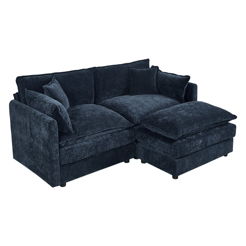 Modern Chenille Loveseat Sofa Couch With Ottoman, Blue Chenille, 33.85" H x 77.16" W x 35.82" D