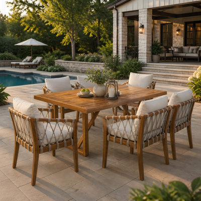 Ensemble de salle à manger 7 pièces en bois d'acacia avec 6 chaises et 1 grande table, parfait pour la pelouse, la cour, le jardin, la terrasse et la piscine