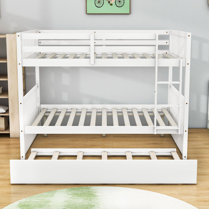 Lit superposé double en bois avec couchette simple et garde-corps Hommer, Blanc